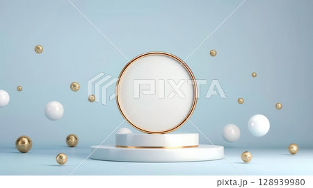 3D podium with minimalist design, white and gold, elegant, isolated 3D podium with minimalist design, white and gold, elegant, isolated 128939980