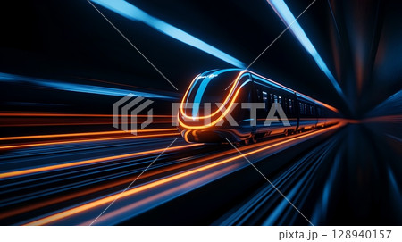 A high speed commuter train rapidly moving through the night with blurred lights and a sense of power and momentum 128940157