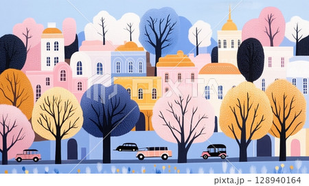 Illust n of a picturesque town in autumn with colorful houses trees and vehicles dotting the quaint scenic landscape 128940164