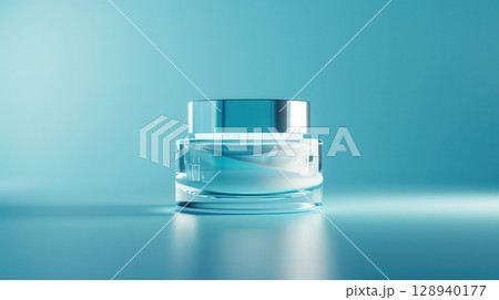 High-tech face cream, sleek glass jar, glowing holographic label, neon blue highlights 128940177