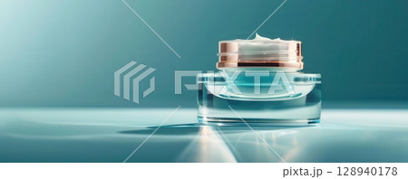 High-tech skincare cream, holographic container, neon blue highlights, luxurious and futuristic design 128940178