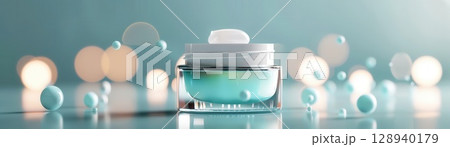 Luxurious face cream, holographic container, neon blue and green highlights, futuristic style 128940179