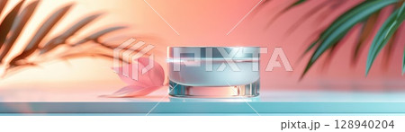 Elegant skincare lotion, holographic container, neon accents, futuristic and luxurious design 128940204