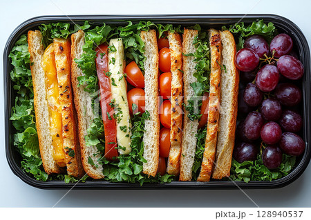 Lunch with a baguette sandwich, brie cheese and grapes. Parisian style lunch box. 128940537