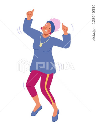 Elderly people dance. Senior dancer. Old woman leisure. Party music. Grandmother dancing. Healthy lifestyle. Retirement fun. Active choreography motions. Granny pose. Vector isolated retired person Elderly people dance. Senior dancer. Old woman leisure. Party music. Grandmother dancing. Healthy lifestyle. Retirement fun. Active choreography motions. Granny pose. Vector isolated retired person 128940550