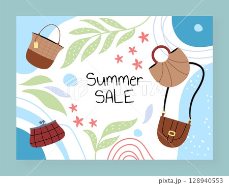 Summer sale. Woman bag. Fashionable purse. Handbags discount. Stylish tote or casual shopper on abstract background with palm leases. Boutique special offer marketing. Shopping promotion vector banner 128940553
