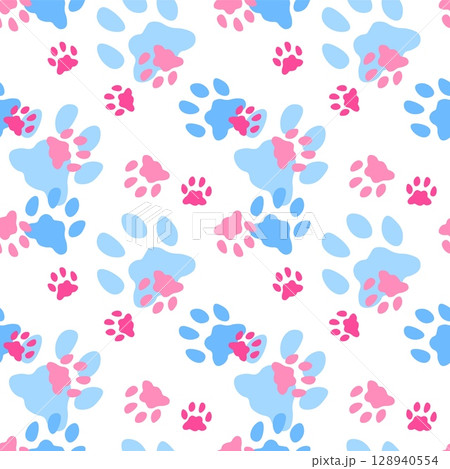 Animal footprint seamless pattern. Cat and dog foot. Zoo and wildlife footsteps. Kitty and puppy symbol. Mammal hand. Decor textile, wrapping paper, wallpaper. Print for fabric. Vector background Animal footprint seamless pattern. Cat and dog foot. Zoo and wildlife footsteps. Kitty and puppy symbol. Mammal hand. Decor textile, wrapping paper, wallpaper. Print for fabric. Vector background 128940554