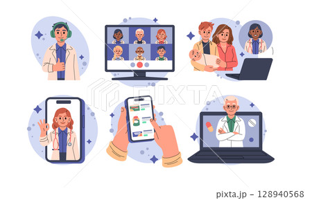 Doctor in phone. Online health medical consultation. Telemedicine app, treatment clinic through smartphone. Device for human health. Vector technology medicine, cartoon flat isolated illustration 128940568