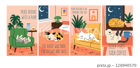 Cute cat at home. Sleeping kittens on bed. Living room with couch and carpet. Pattern pet in cozy interior. Domestic comfort doodle design poster. Funny animal relaxation. Vector cartoon cards set 128940570