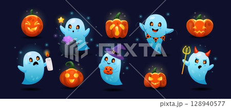 Ghost cartoon. Halloween pumpkin icon, Jack O Lantern emotion face. Cute magic on autumn festival. Spooky fantasy set for party night. Witch and wizard costume. Vector nice horror tidy decoration 128940577