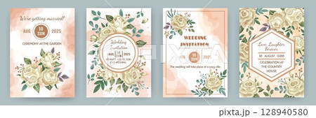 Card peach. Rose floral wedding invitation. Elegant spring frame, watercolor bouquet. Botanical postcard decoration. Bridal backdrop summer poster design. Delicate template. Vector tidy background set 128940580