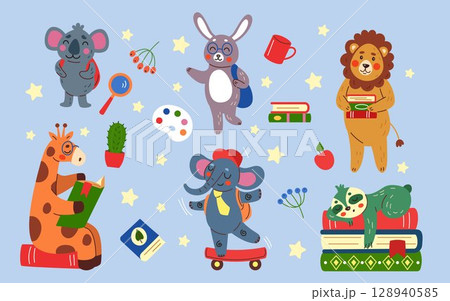 Cute animal schoolboy. Children education. Student pet reading textbook. Book in library. Lion learning lessons. Happy hare with backpack. Kids drawing concepts set. Character vector tidy illustration 128940585