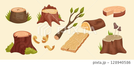 Wood slice. Tree stump. Timber objects. Sawn logs. Wooden planks. Cartoon graphic icon. Forestry material. Carpentry logging. Lumber cut. Pine trunk and branch. Vector woodland illustration tidy set Wood slice. Tree stump. Timber objects. Sawn logs. Wooden planks. Cartoon graphic icon. Forestry material. Carpentry logging. Lumber cut. Pine trunk and branch. Vector woodland illustration tidy set 128940586