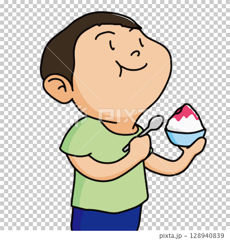 かき氷いちご味を食べる男の子 128940839