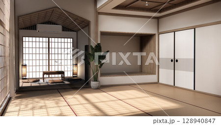 Chabudai japan traditional low table and decoration on minimal Japandi room japan style.3D rendering Chabudai japan traditional low table and decoration on minimal Japandi room japan style.3D rendering 128940847
