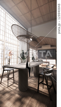 kitchen room dining table grey wall wood floor. 3d rendering 128940848