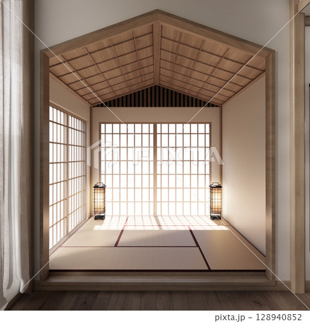Tatami mat floor, room japanese traditional style. 3D rendering Tatami mat floor, room japanese traditional style. 3D rendering 128940852