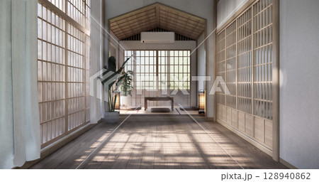 Mock up Cabinet design on earth tone wood room interior modern style .3D rendering 128940862
