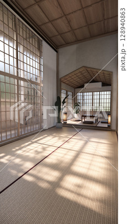Tatami mat floor, room japanese traditional style. 3D rendering 128940863