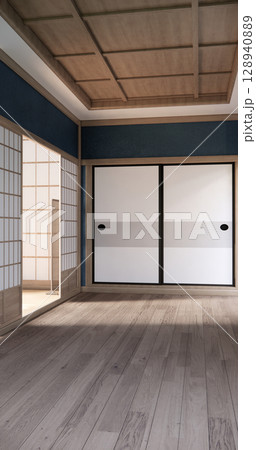 Cool colors give a feeling of coolness and calmness. Japanese traditional room, Mock up empty room and decoration room japan style.3D rendering Cool colors give a feeling of coolness and calmness. Japanese traditional room, Mock up empty room and decoration room japan style.3D rendering 128940889