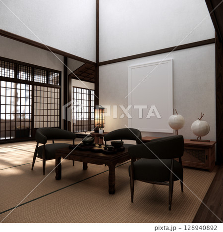 arm chair and decoration japanese on Modern room interior wabisabi style.3D rendering 128940892