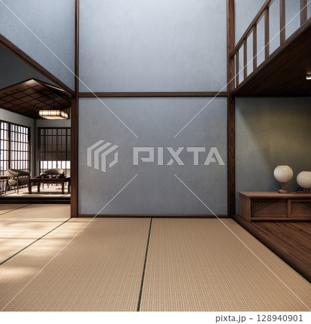 Dark blue color japan interior design,modern living room. 3d illustration, 3d rendering Dark blue color japan interior design,modern living room. 3d illustration, 3d rendering 128940901