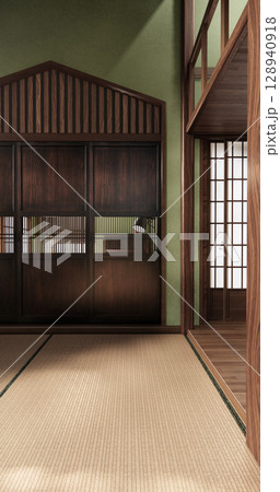 Wabisabi style living interior Green japanese room.3D rendering 128940918