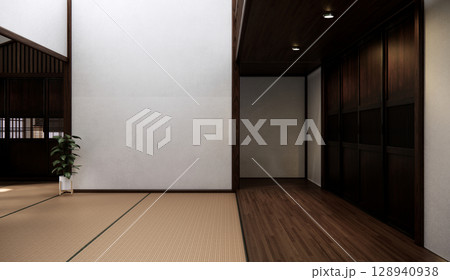 Mock up empty, Modern japanese tatami mat floor, room japanese traditional style. 3D rendering Mock up empty, Modern japanese tatami mat floor, room japanese traditional style. 3D rendering 128940938