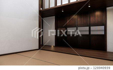 Mock up empty, Modern japanese tatami mat floor, room japanese traditional style. 3D rendering Mock up empty, Modern japanese tatami mat floor, room japanese traditional style. 3D rendering 128940939
