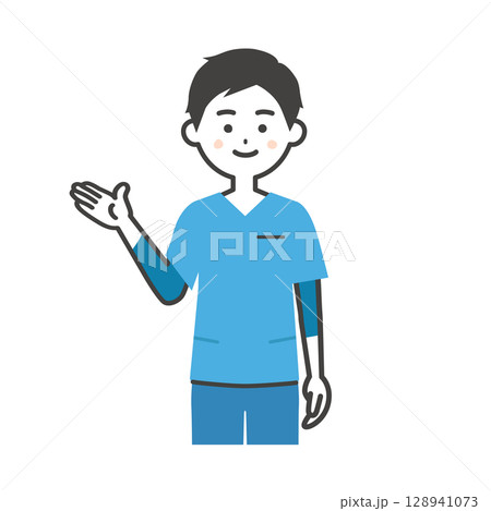 手で指すスクラブ姿の男性イラスト 手で指すスクラブ姿の男性イラスト 128941073