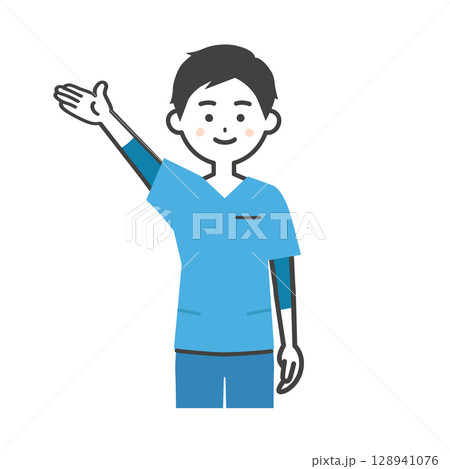 手で上のほうを指すスクラブ姿の男性イラスト 128941076