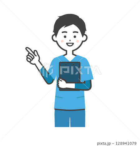 資料を抱えて指を立てるスクラブ姿の男性イラスト 128941079