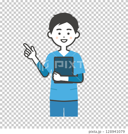 資料を抱えて指を立てるスクラブ姿の男性イラスト 128941079