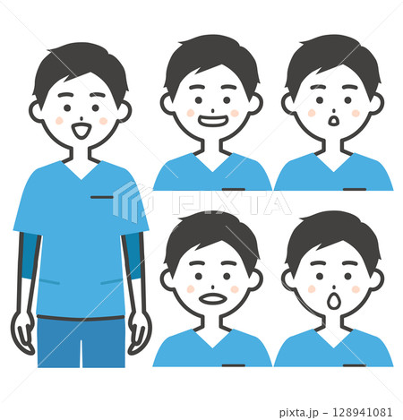スクラブ姿の男性あいうえおの口の形イラスト 128941081