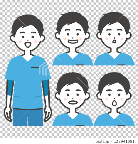 スクラブ姿の男性あいうえおの口の形イラスト 128941081