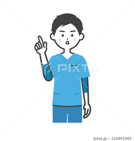 真剣な顔で指を立てるスクラブ姿の男性イラスト 128941082