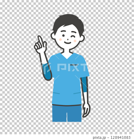 一名身穿工作服的男子眨眼並向上指的插圖 一名身穿工作服的男子眨眼並向上指的插圖 128941083