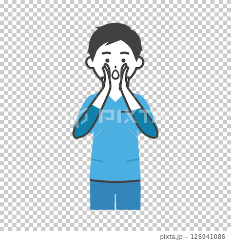 両手を口に添えて呼ぶスクラブ姿の男性イラスト 128941086