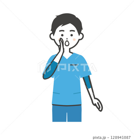 手を口に添えて呼ぶスクラブ姿の男性イラスト 128941087