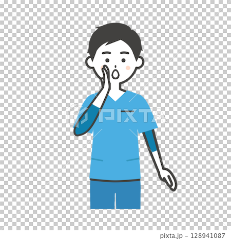 手を口に添えて呼ぶスクラブ姿の男性イラスト 128941087