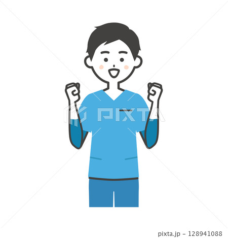 ガッツポーズをするスクラブ姿の男性イラスト 128941088