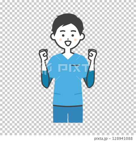 ガッツポーズをするスクラブ姿の男性イラスト 128941088