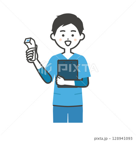 体温計を持つスクラブ姿の男性イラスト 体温計を持つスクラブ姿の男性イラスト 128941093