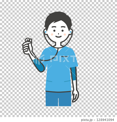 一名身穿手術服的男子手持聽診器的插圖 一名身穿手術服的男子手持聽診器的插圖 128941094