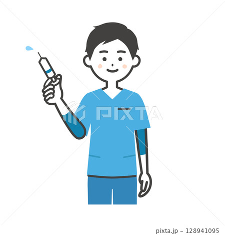 注射器を持つスクラブ姿の男性イラスト 128941095