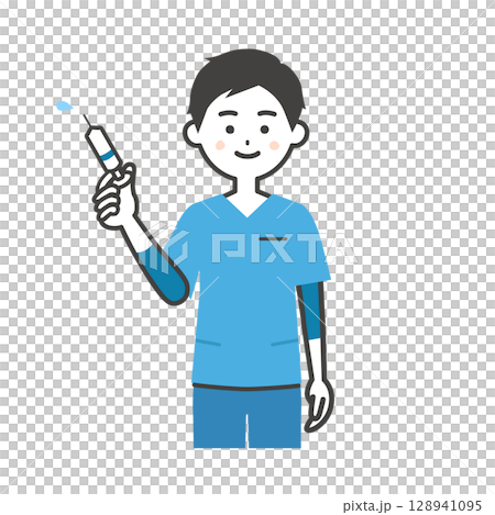 注射器を持つスクラブ姿の男性イラスト 128941095