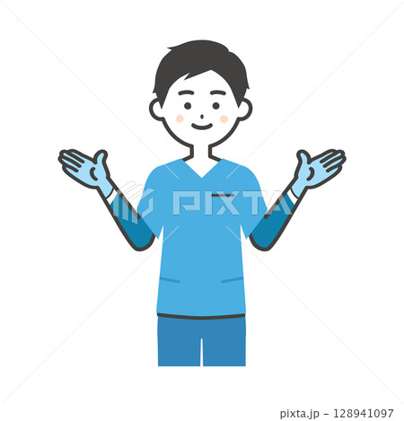 ゴム手袋をつけたスクラブ姿の男性イラスト 128941097