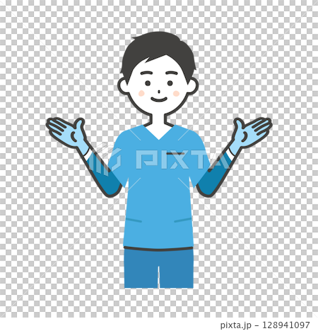 ゴム手袋をつけたスクラブ姿の男性イラスト 128941097