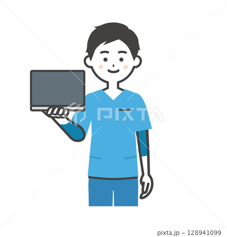 ノートパソコンを持つスクラブ姿の男性イラスト 128941099