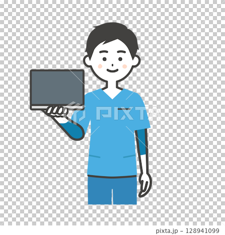 ノートパソコンを持つスクラブ姿の男性イラスト 128941099